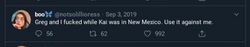 September 3, 2019 post in which Sarah boasts that she had sex with Onision while Lucas was in New Mexico and says, “Use it against me.”