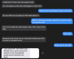 October 9, 2018 text messages in which Sarah tells Lucas that Onision viewed her as a financial hindrance offering no valuable return.