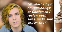 Onision speaking in a video with overlaid text saying he reviews Onision.xyz and Onision.co and that users must be 18 or older.
