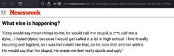Screenshot of a Newsweek interview in which Sarah says James called her insulting names and made her feel dumb and ugly.