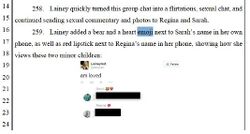 Paragraphs 258 and 259 of the Third Amended Complaint characterizing a May 2015 exchange as “flirtatious” and “sexual” while blacking out Sarah’s and Regina’s actual replies.