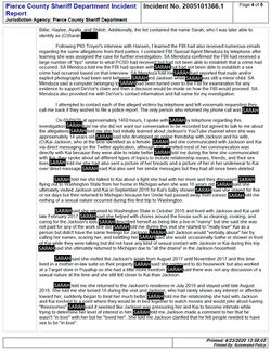 Page four of a Pierce County Sheriff report recording Sarah’s statements that she had no sexual contact with Onision or Lucas while underage and that the relationship changed only after she turned 18.
