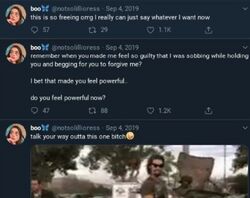 September 4, 2019 tweets in which Sarah says she can say whatever she wants, recalls sobbing while holding Onision and begging him for forgiveness, and calls him a derogatory name.