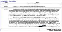 Pierce County Sheriff report stating that the original allegations involving Onision were cleared with no evidence of criminal activity and later revived through third-party online reports.