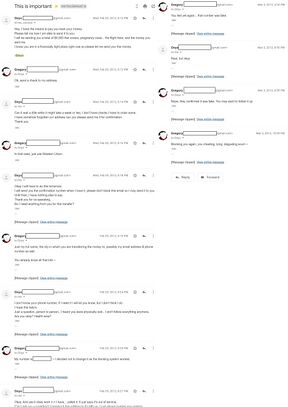 February and March 2012 emails showing Shiloh admitting she owed Onision $4,000, promising repayment, seeking personal contact, and supplying a Western Union number Onision said was confirmed as fake.