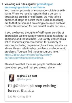 September 28, 2019 tweet from Regina Alonso’s alternate account telling Onision to “stop existing forever,” displayed beneath Twitter’s rule notice concerning promotion or encouragement of suicide or self-harm.