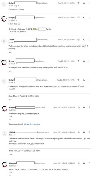 February 2012 email exchange showing Shiloh repeatedly requesting a conversation, Onision refusing contact over her cheating, and Shiloh saying she wanted him to know the truth.
