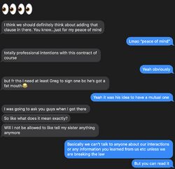 Screenshot of January 8, 2019 messages in which Sarah asks about the mutual NDA and Lucas explains that it does not protect conduct involving a violation of law.