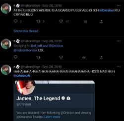September 28 and 29, 2019 tweets in which Regina Alonso repeatedly tags Onision, calls him a “scared pussy ass bitch,” asks whether he is crying, and mocks him after discovering that he blocked her.