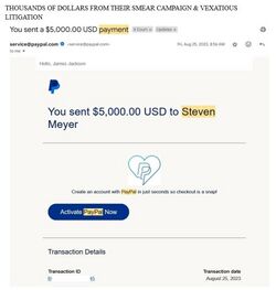 August 25, 2023 PayPal confirmation showing Onision sending a $5,000 payment to Steven Meyer.