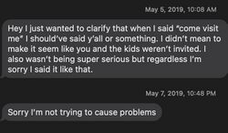 May 2019 messages in which Sarah clarifies that she had invited Onision to visit her and apologizes for not including Lucas and the children.