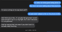 Screenshot of January 7, 2019 messages in which Sarah says she is not groomed and calls another person’s grooming accusation insulting.