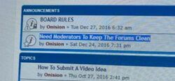 Onision forum announcements showing Board Rules and a December 24, 2016 post titled Need Moderators To Keep The Forums Clean.