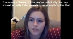 August 27, 2019 YouNow livestream screenshot showing Sarah saying a power-of-attorney document did not make the household her foster parents.