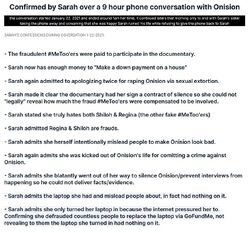 Summary of contemporaneous notes from a January 22, 2021 telephone call between Sarah and Onision listing Sarah’s recorded admissions concerning documentary payments, sexual-extortion apologies, public deception, other accusers, and her laptop.