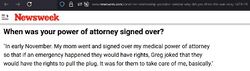 December 24, 2019 Newsweek interview excerpt in which Sarah says her mother signed over medical power of attorney for emergency healthcare decisions.