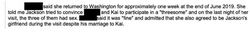 Police-report excerpt stating that Sarah returned to Washington in June 2019, had sex with Onision and Lucas, said it was fine, and agreed to be Onision’s girlfriend.