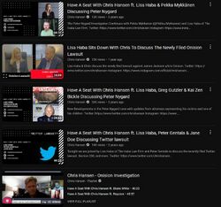 YouTube search results showing several Chris Hansen videos featuring attorney Lisa Haba, including an interview about the newly filed Onision lawsuit.