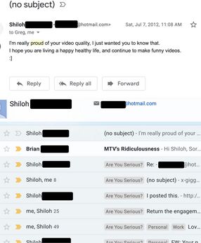 July 7, 2012 email from Shiloh telling Onision she was proud of his video quality and hoped he was living a happy, healthy life.